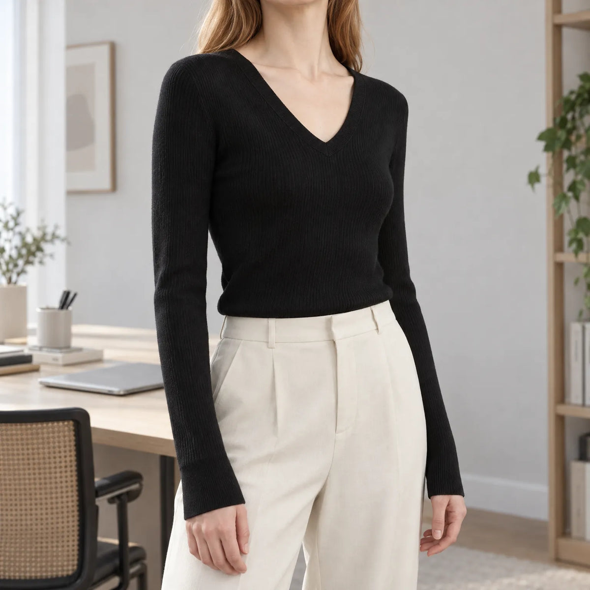 Aelwyn  - Fine Knit V Neck Jumper Layering Under Coats