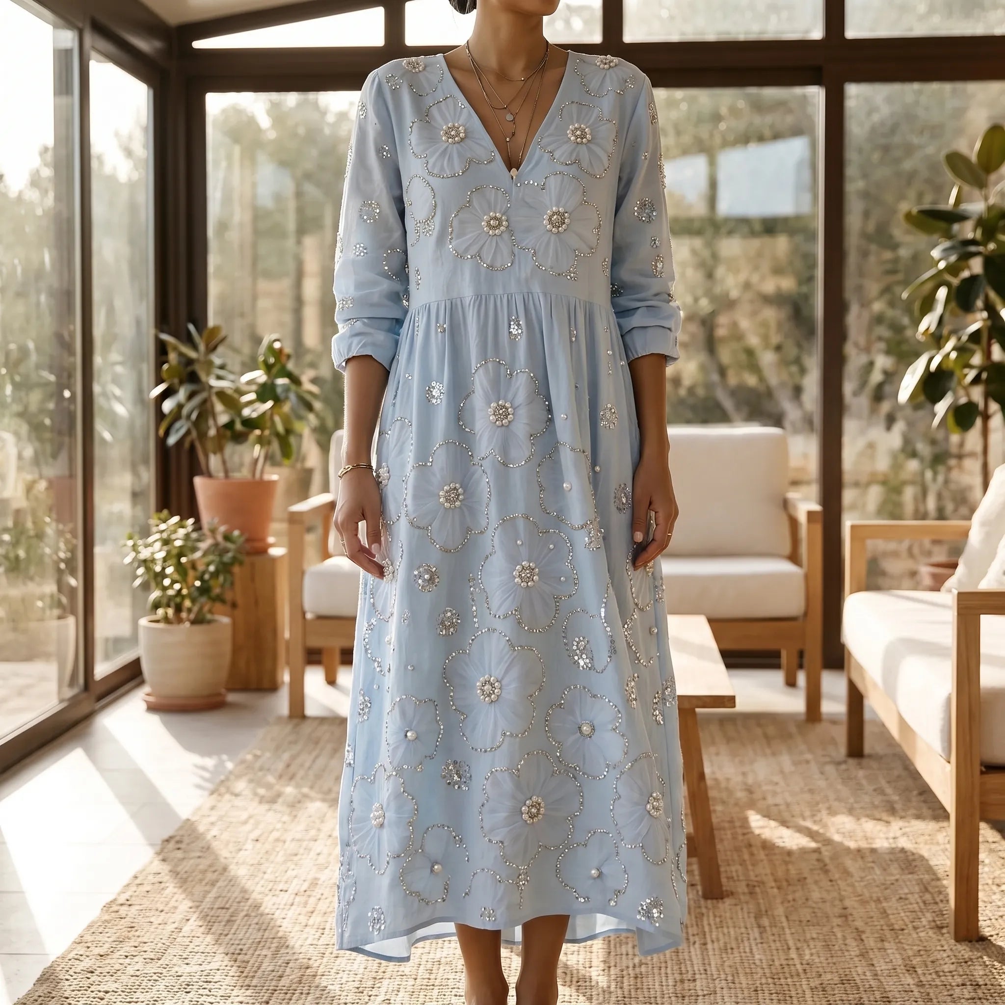 Aerali  - Textured Floral Midi Dress Springtime Daily Wear