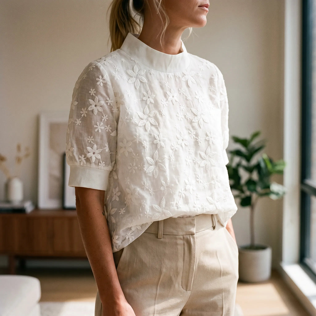Albidore  - Short Sleeve Embroidered Blouse Office Meetings