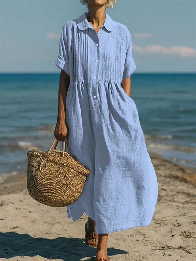 Women's collared button maxi dress with short sleeves and gathered waist