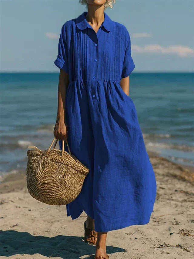 Women's collared button maxi dress with short sleeves and gathered waist