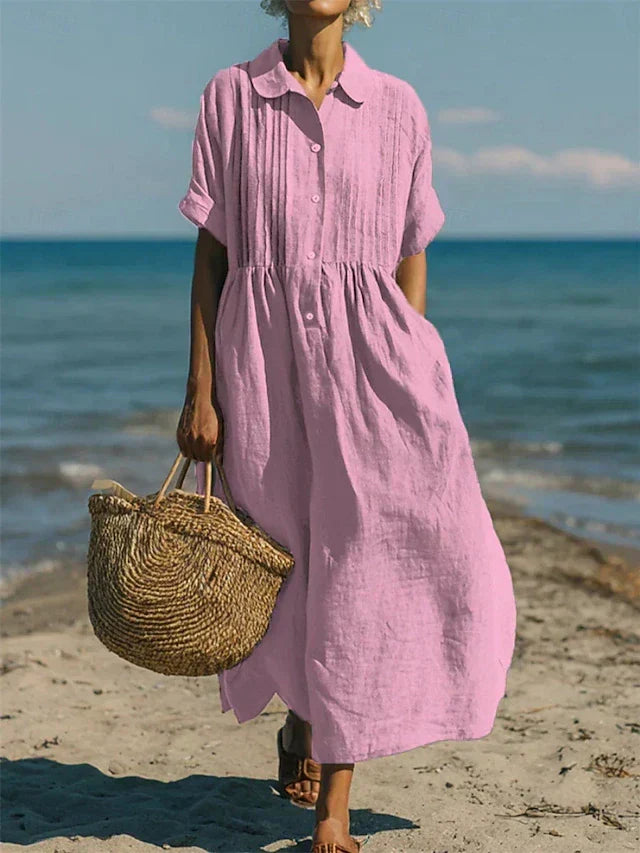 Women's collared button maxi dress with short sleeves and gathered waist
