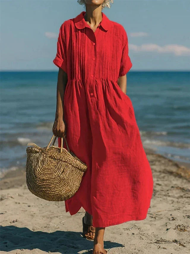 Women's collared button maxi dress with short sleeves and gathered waist
