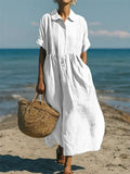 Women's collared button maxi dress with short sleeves and gathered waist