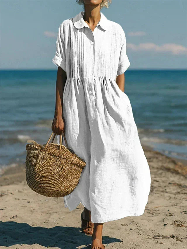 Women's collared button maxi dress with short sleeves and gathered waist