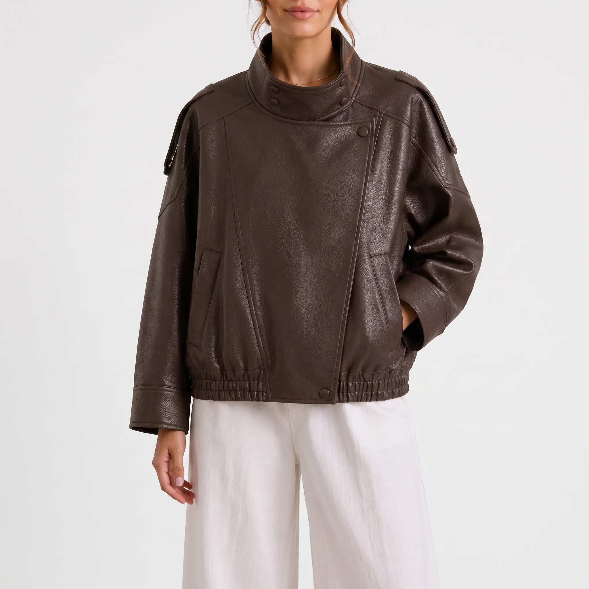 AlvarBomber  - Women's Oversized Brown Bomber Jacket Everyday Layering