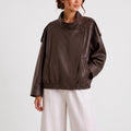 AlvarBomber  - Women's Oversized Brown Bomber Jacket Everyday Layering