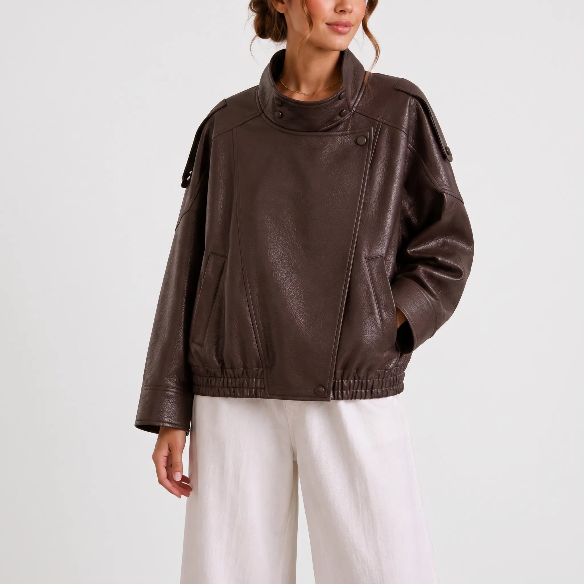 AlvarBomber  - Women's Oversized Brown Bomber Jacket Everyday Layering