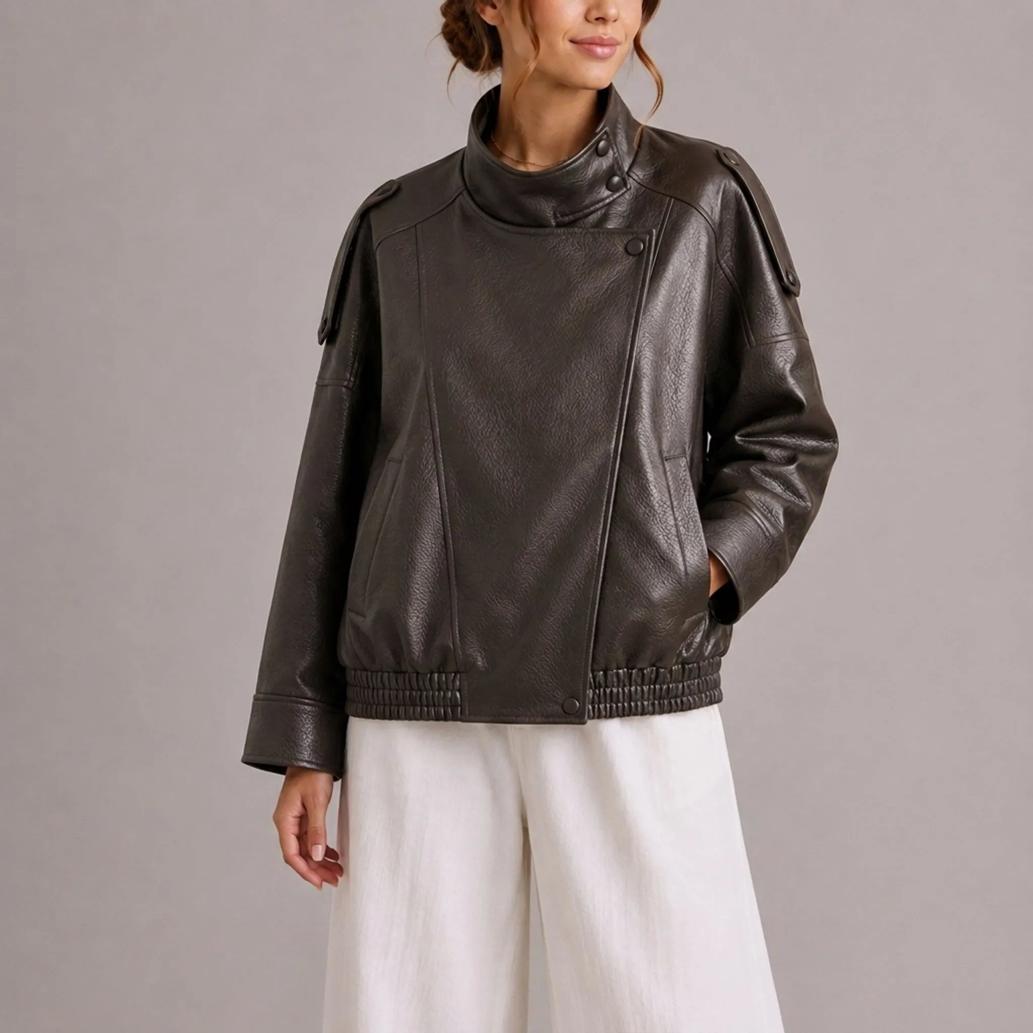 AlvarBomber  - Women's Oversized Brown Bomber Jacket Everyday Layering