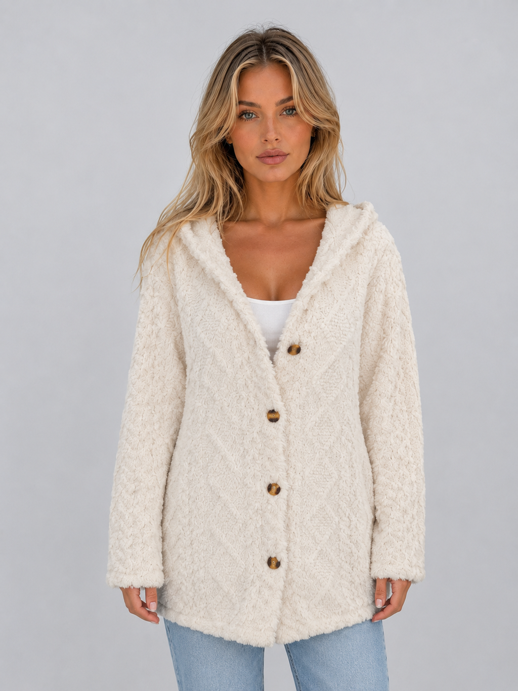Women's long hooded cardigan with textured finish, button front and long sleeves