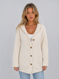 Women's long hooded cardigan with textured finish, button front and long sleeves