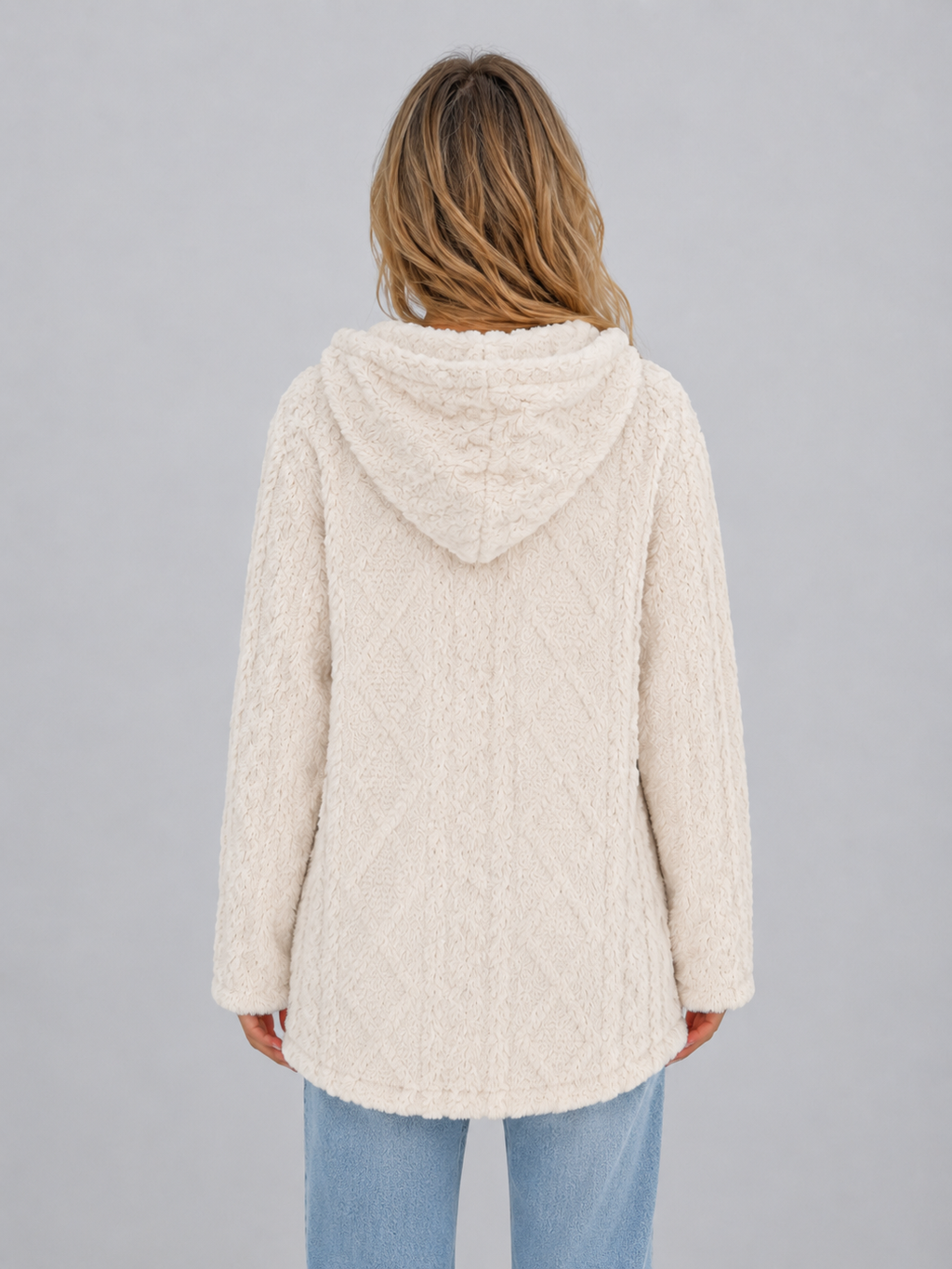 Women's long hooded cardigan with textured finish, button front and long sleeves