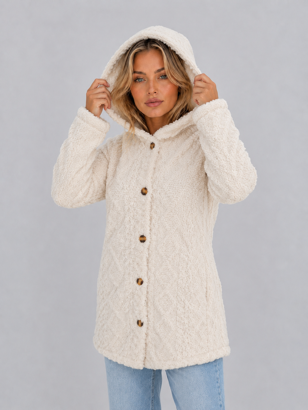 Women's long hooded cardigan with textured finish, button front and long sleeves