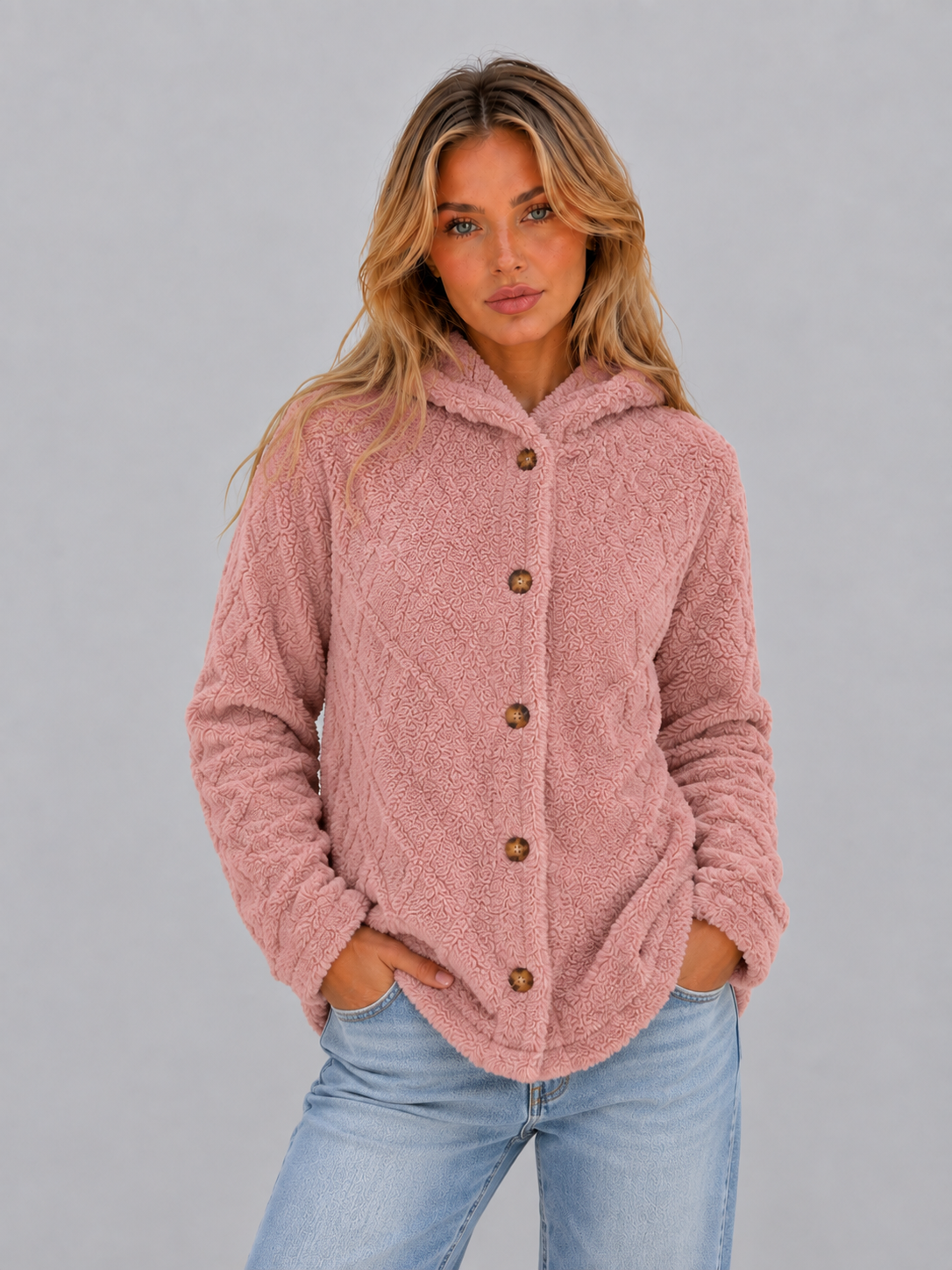 Women's long hooded cardigan with textured finish, button front and long sleeves