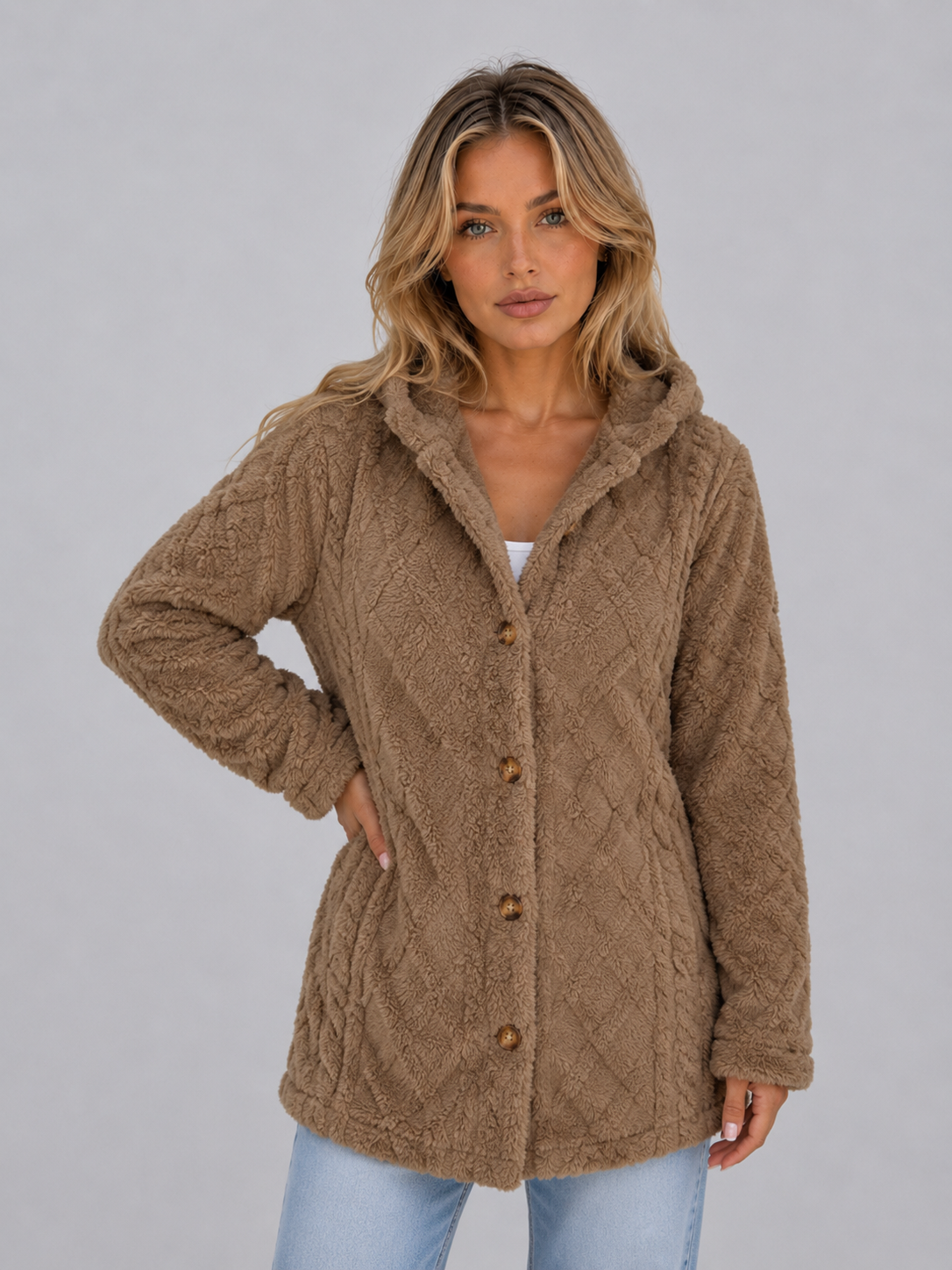 Women's long hooded cardigan with textured finish, button front and long sleeves
