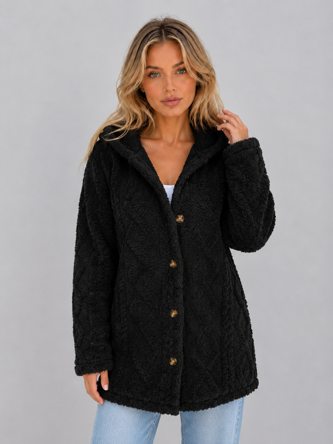 Women's long hooded cardigan with textured finish, button front and long sleeves