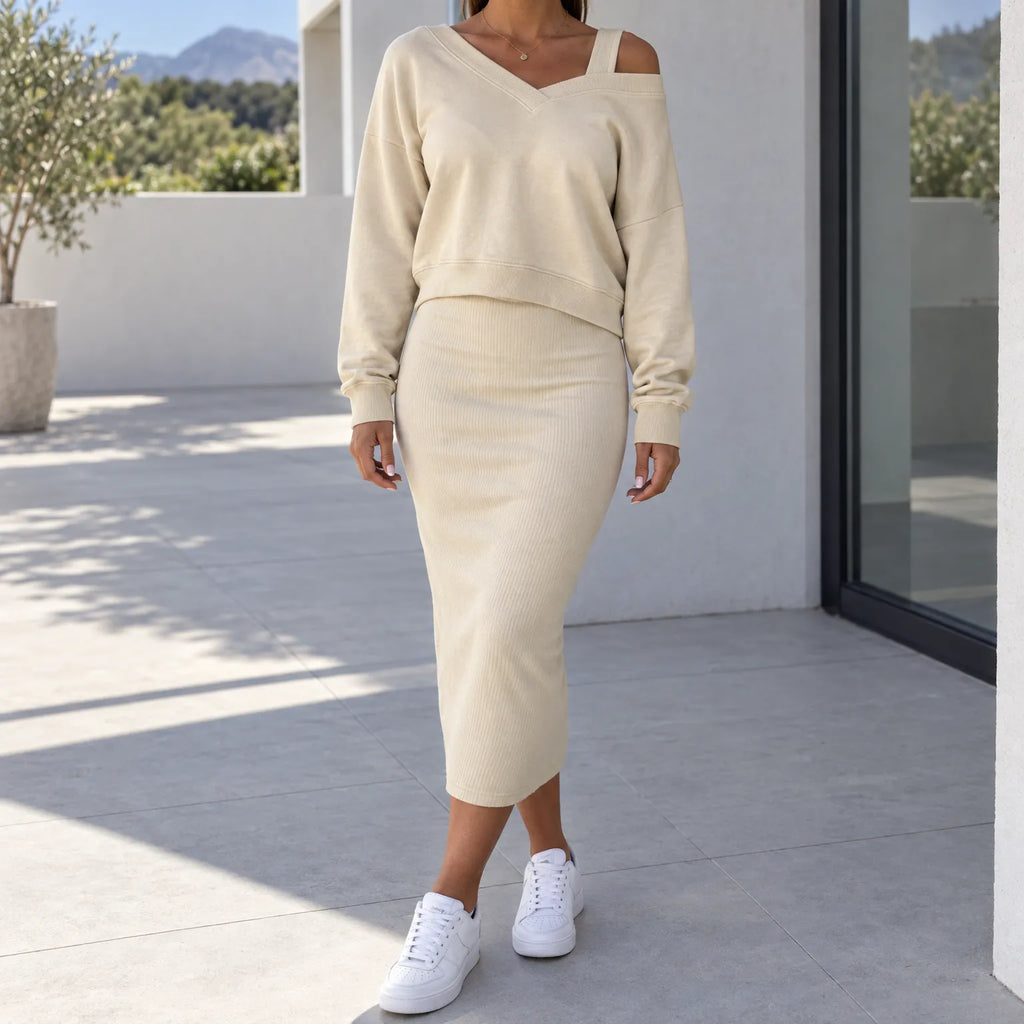 Women's two-piece midi dress set with long-sleeve V-neck jumper and fitted ribbed dress