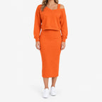 Women's two-piece midi dress set with long-sleeve V-neck jumper and fitted ribbed dress