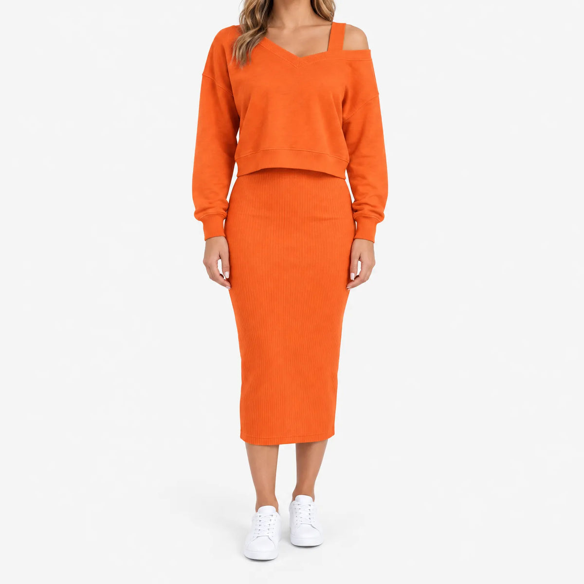 Women's two-piece midi dress set with long-sleeve V-neck jumper and fitted ribbed dress