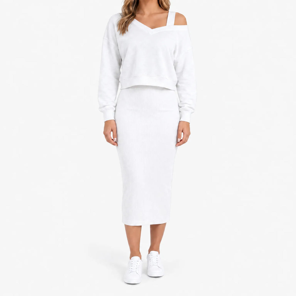 Women's two-piece midi dress set with long-sleeve V-neck jumper and fitted ribbed dress