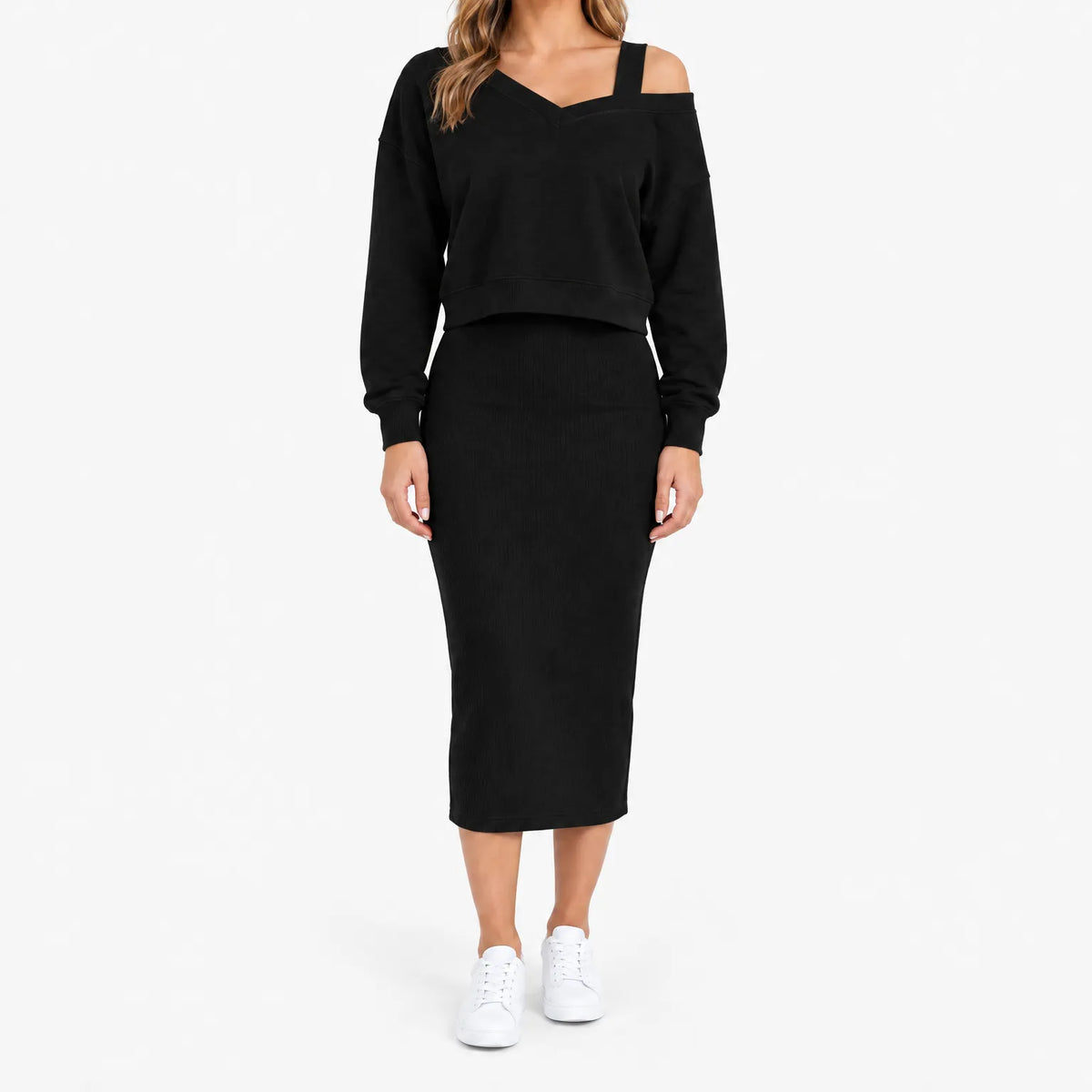 Women's two-piece midi dress set with long-sleeve V-neck jumper and fitted ribbed dress