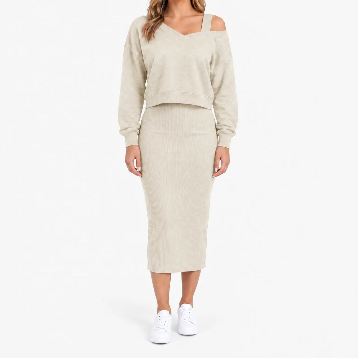 Women's two-piece midi dress set with long-sleeve V-neck jumper and fitted ribbed dress