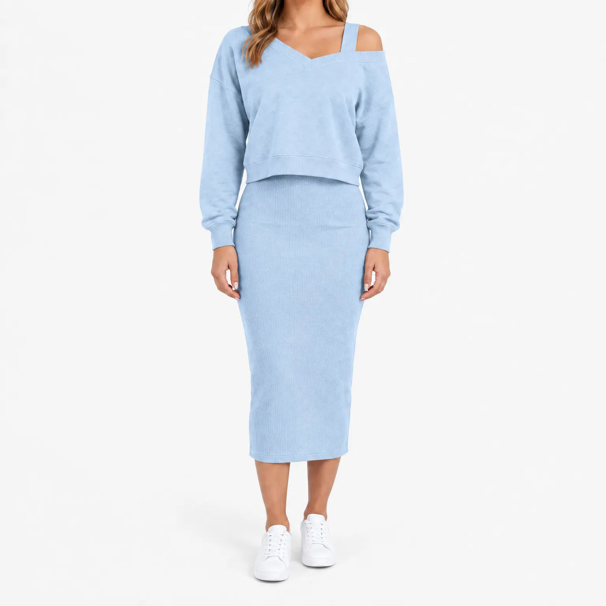Women's two-piece midi dress set with long-sleeve V-neck jumper and fitted ribbed dress