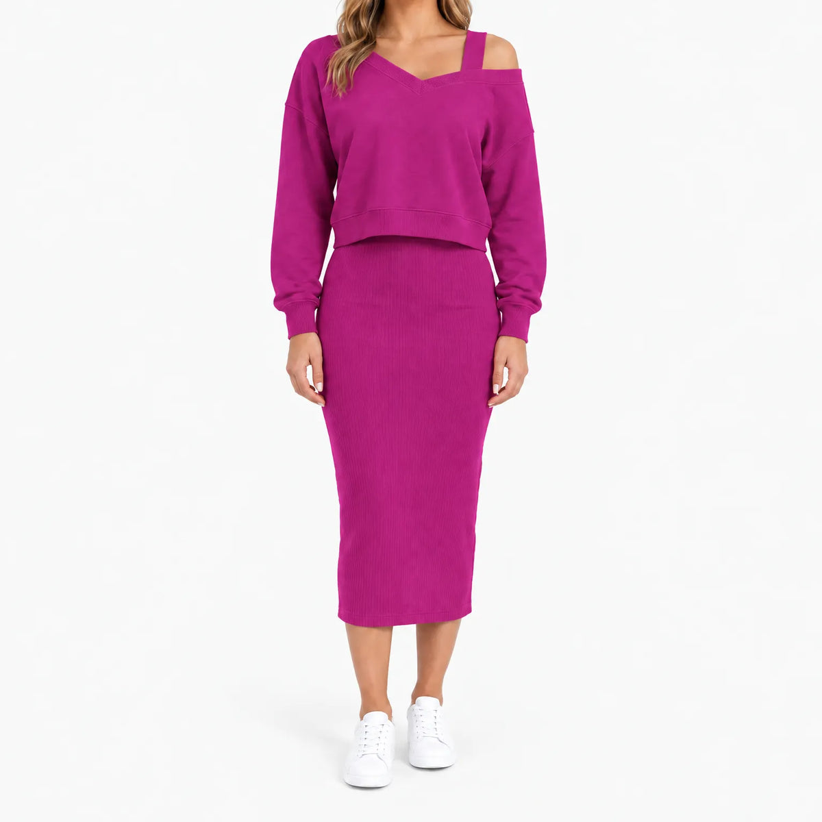 Women's two-piece midi dress set with long-sleeve V-neck jumper and fitted ribbed dress