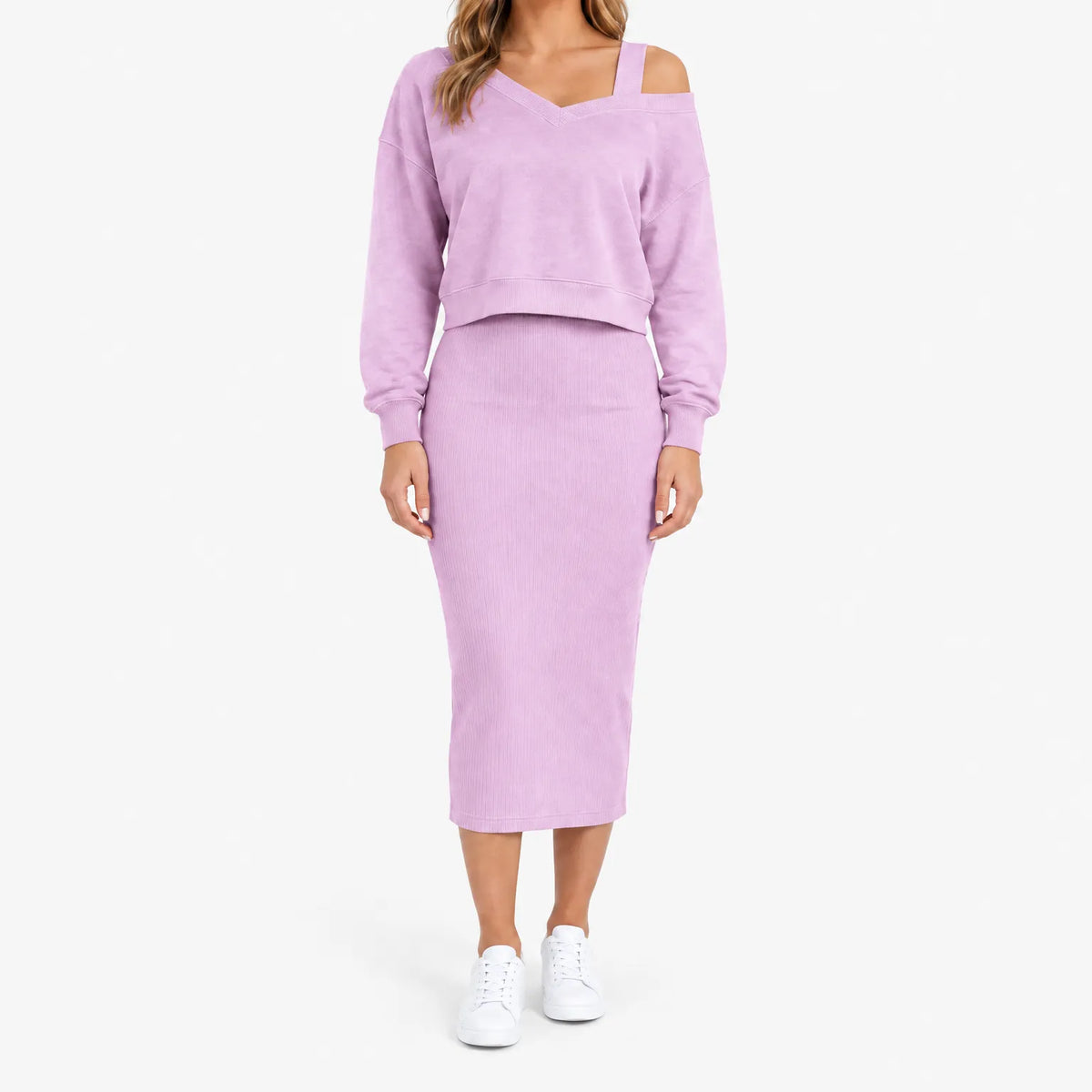 Women's two-piece midi dress set with long-sleeve V-neck jumper and fitted ribbed dress