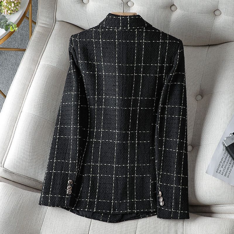 Women's textured plaid blazer with notched lapels and double-breasted buttons