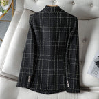 Women's textured plaid blazer with notched lapels and double-breasted buttons