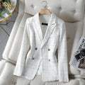 Women's textured plaid blazer with notched lapels and double-breasted buttons