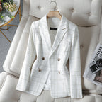 Women's textured plaid blazer with notched lapels and double-breasted buttons