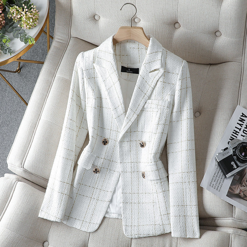 Women's textured plaid blazer with notched lapels and double-breasted buttons