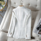 Women's textured plaid blazer with notched lapels and double-breasted buttons