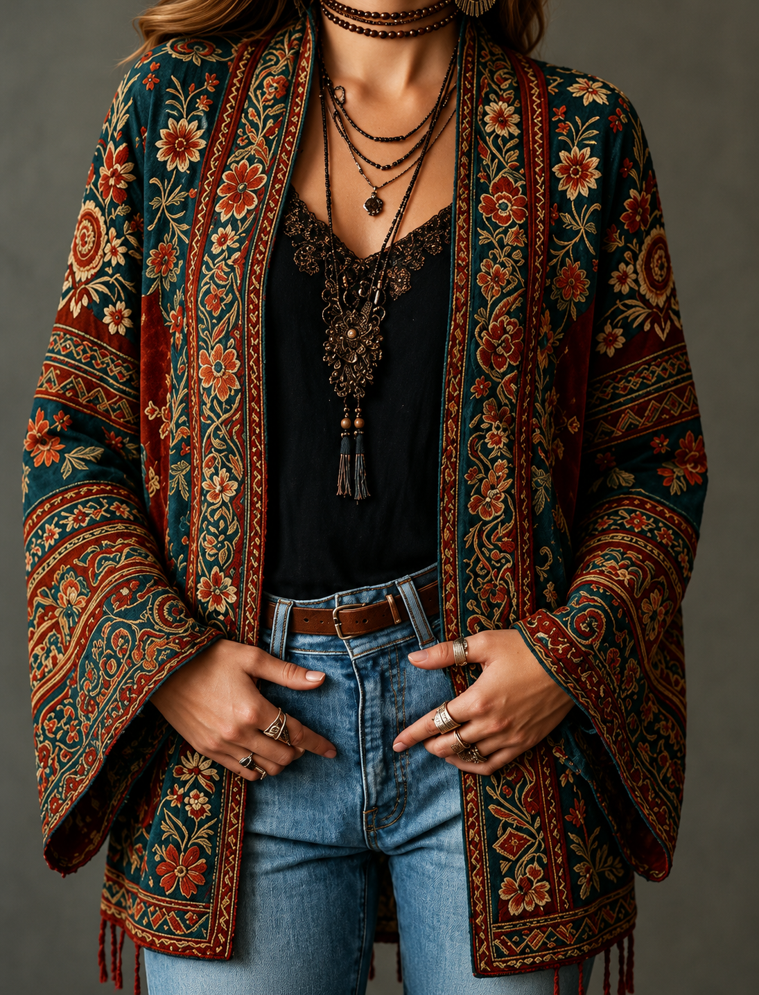 Women's long patterned cardigan with open front and bell sleeves