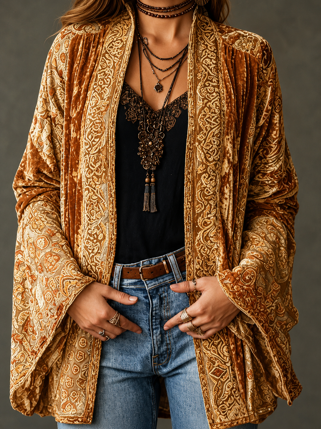 Women's long patterned cardigan with open front and bell sleeves