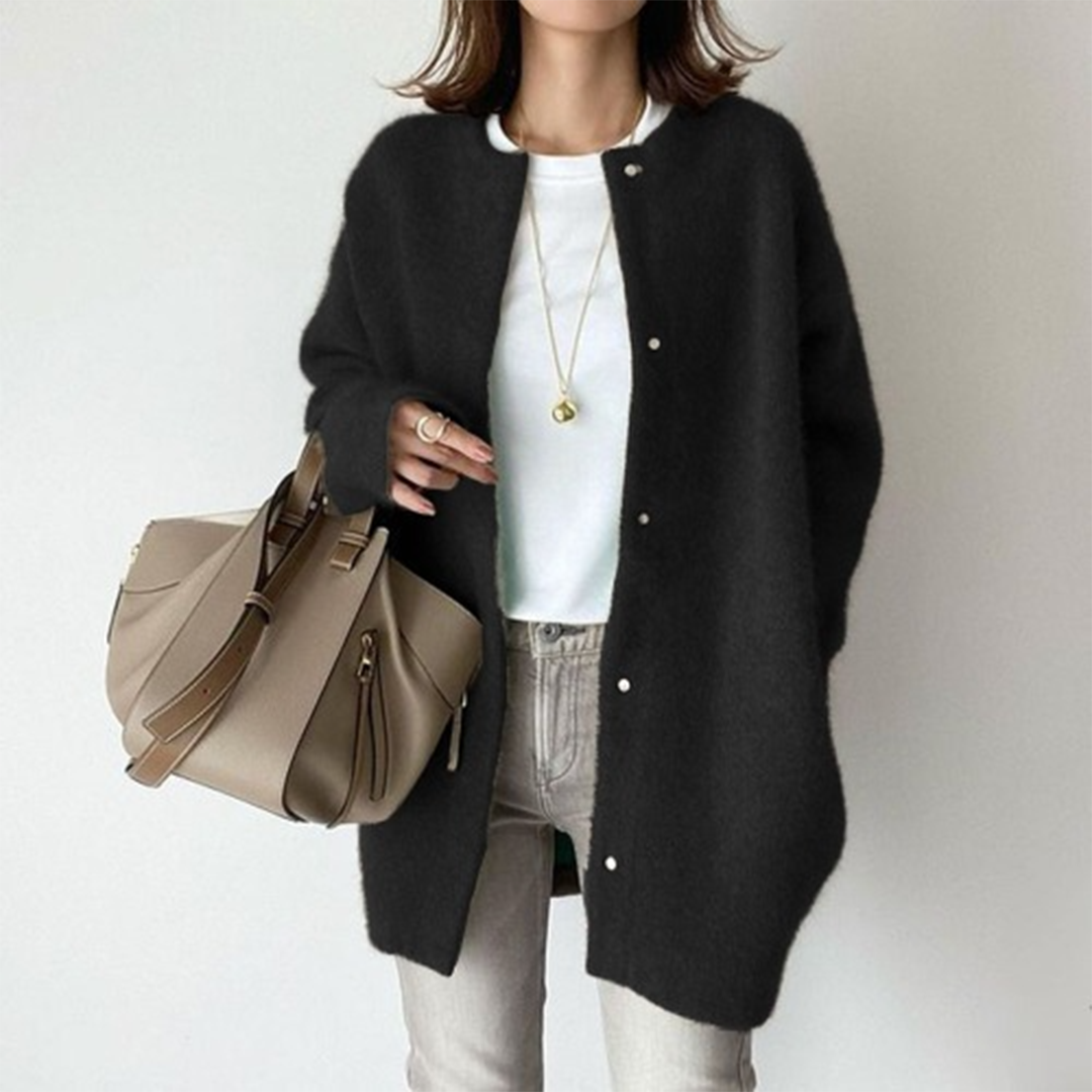 Women's long sleeve button front coat with round neckline and mid-thigh length