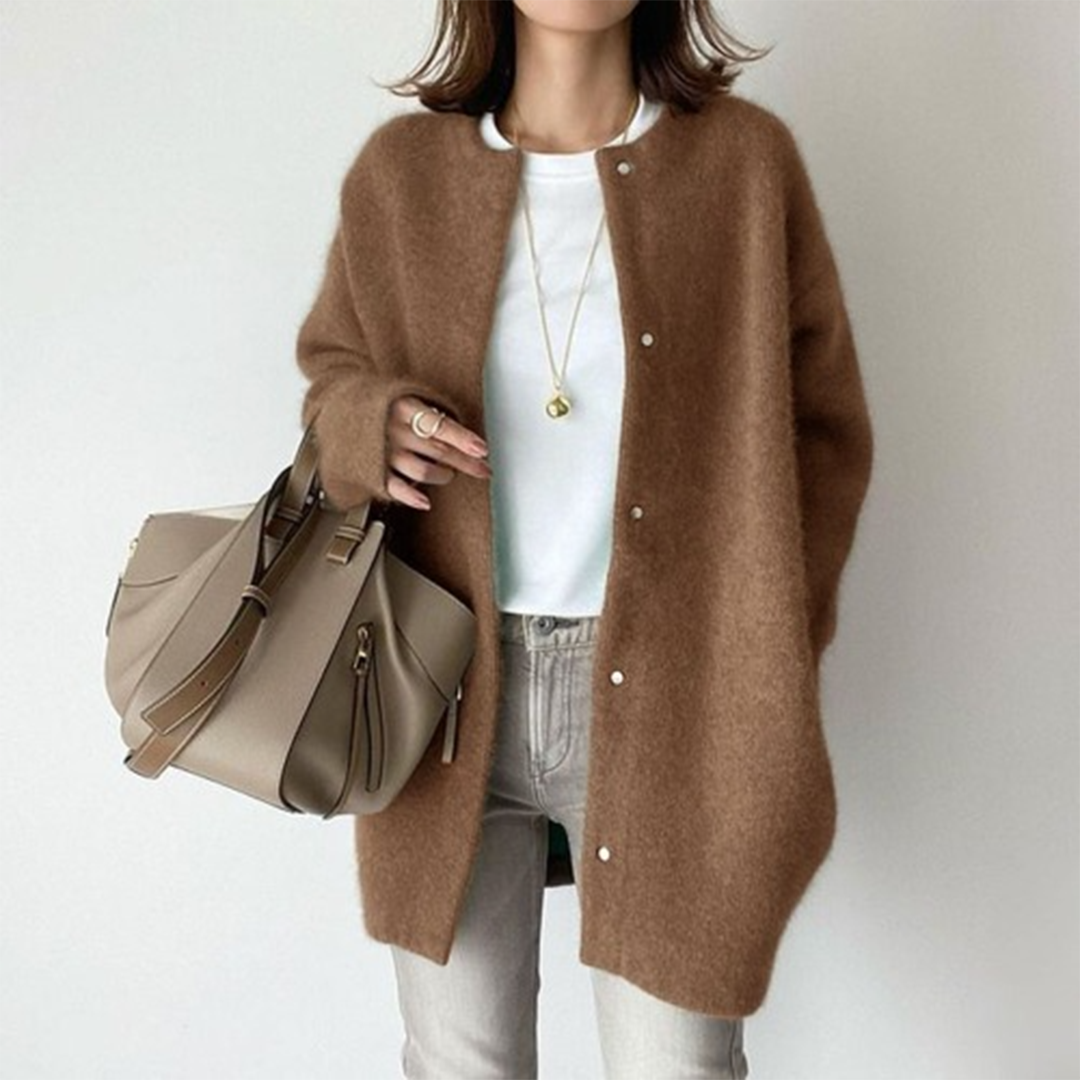 Women's long sleeve button front coat with round neckline and mid-thigh length