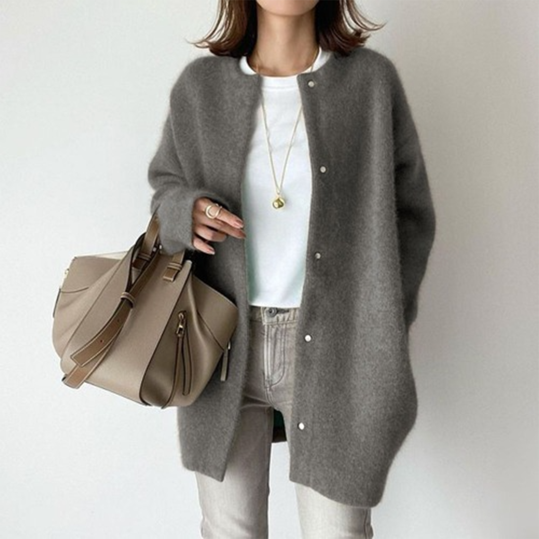 Women's long sleeve button front coat with round neckline and mid-thigh length