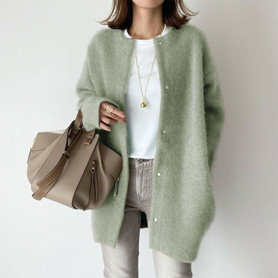 Women's long sleeve button front coat with round neckline and mid-thigh length