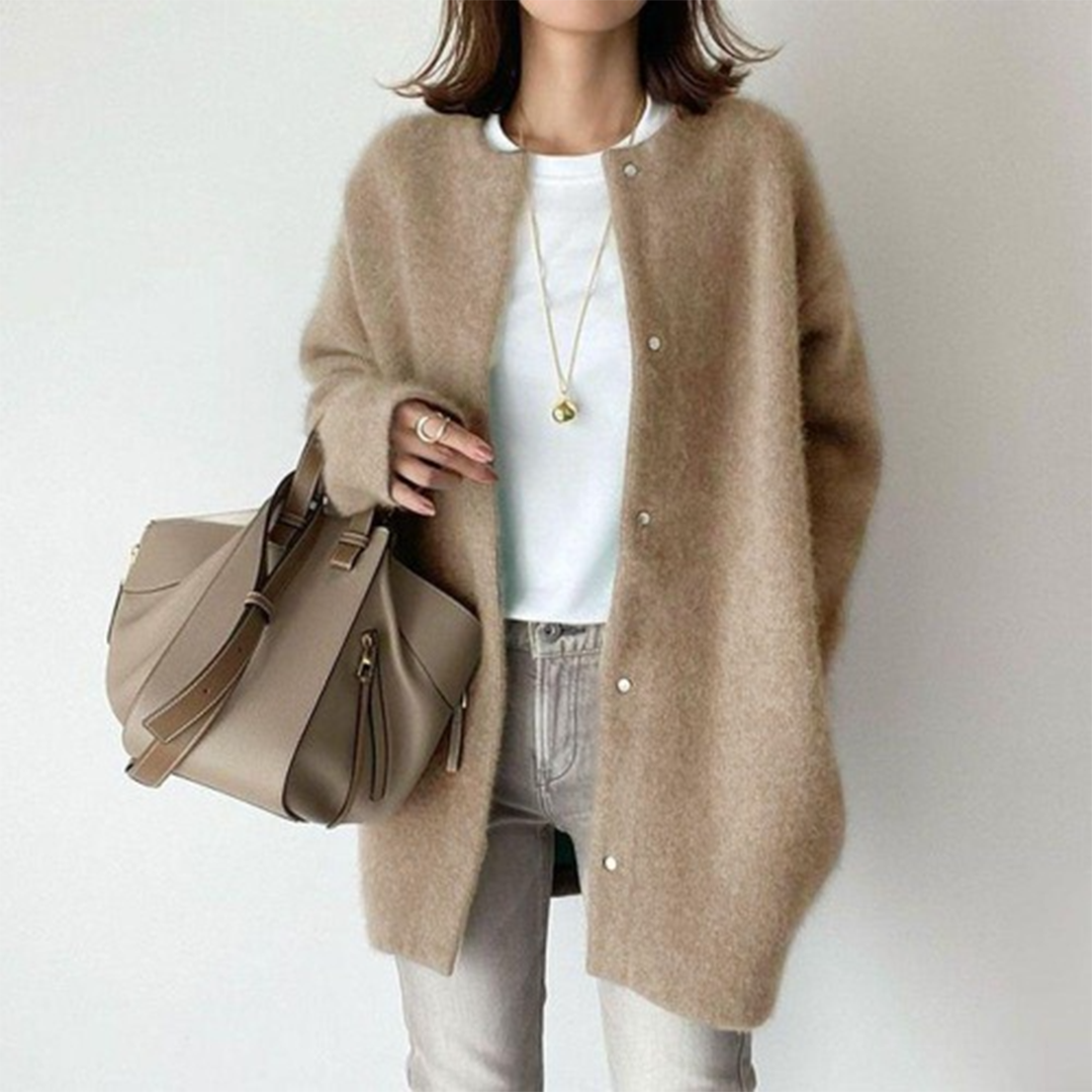 Women's long sleeve button front coat with round neckline and mid-thigh length