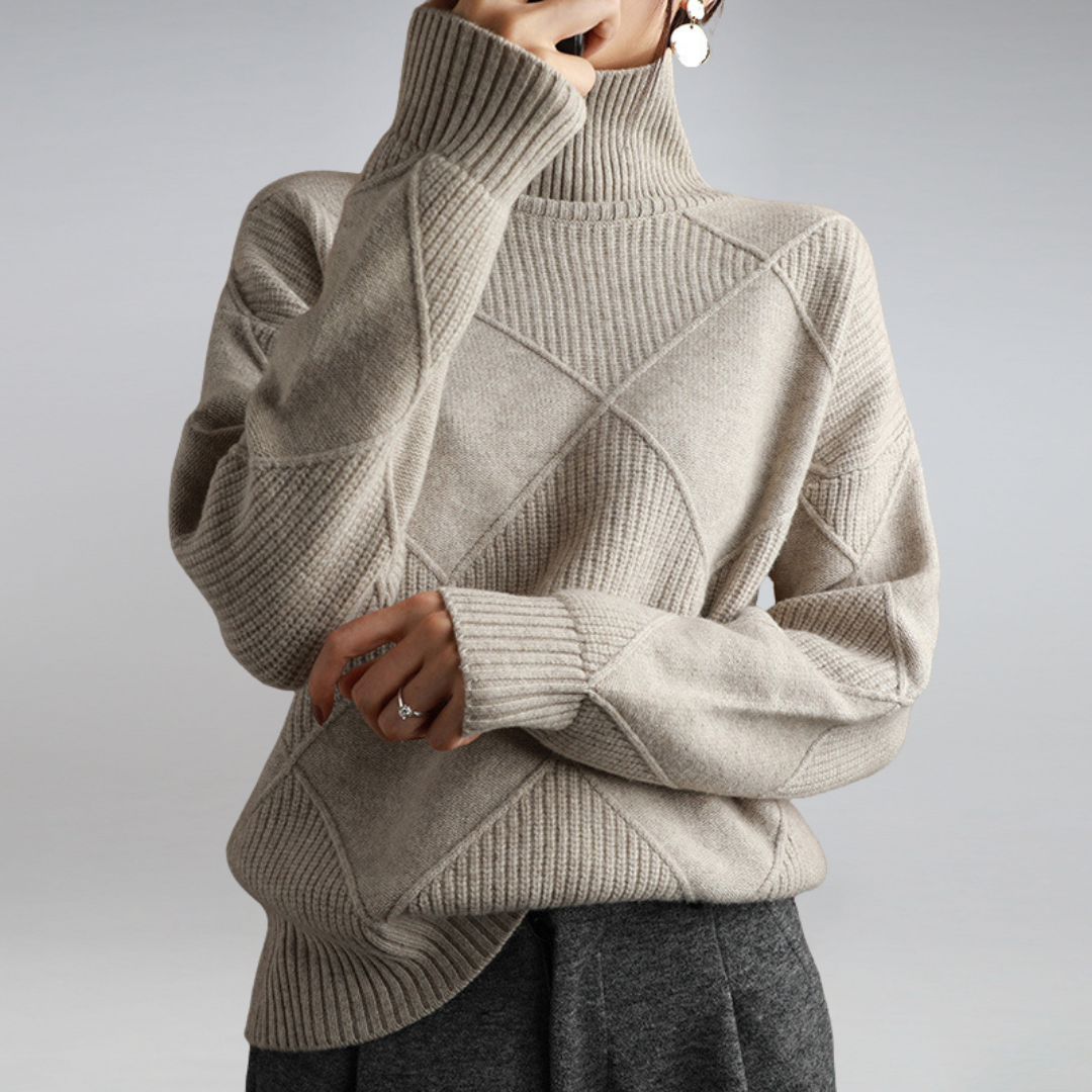 Women's geometric diamond pattern turtleneck jumper with long sleeves