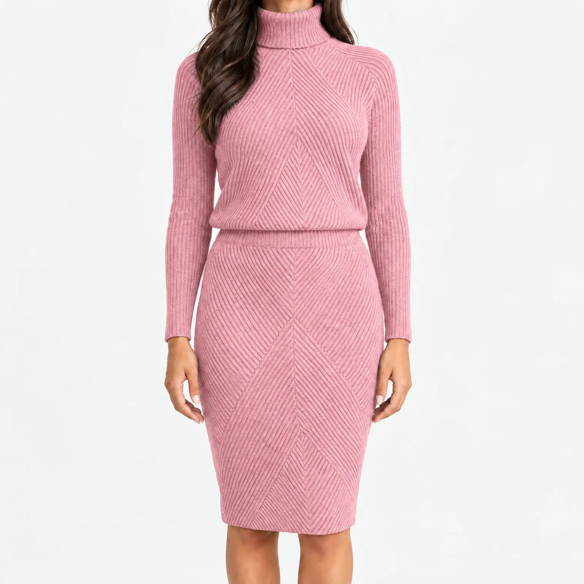 Women's ribbed knit turtle-neck jumper and fitted midi skirt co-ord set
