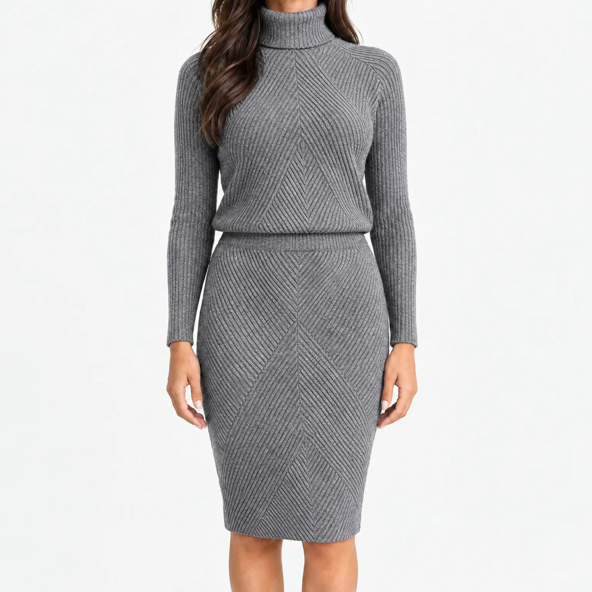 Women's ribbed knit turtle-neck jumper and fitted midi skirt co-ord set