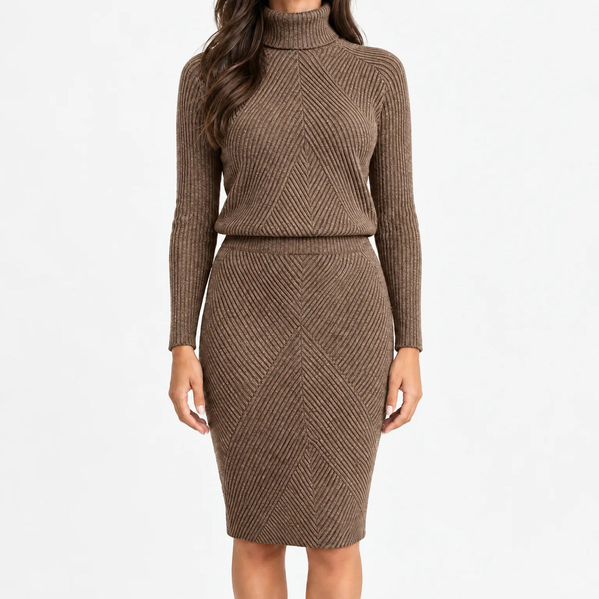 Women's ribbed knit turtle-neck jumper and fitted midi skirt co-ord set
