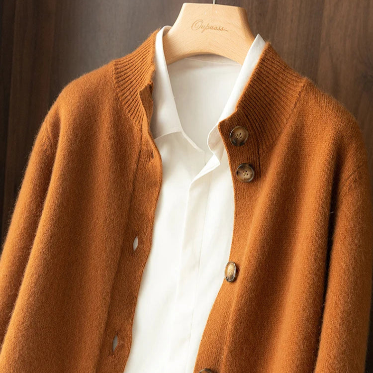 Women's plain button-front cardigan with a mock neck and long sleeves