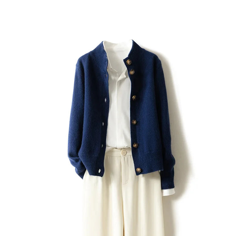 Women's plain button-front cardigan with a mock neck and long sleeves