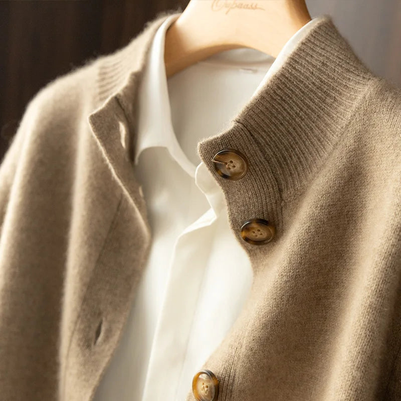 Women's plain button-front cardigan with a mock neck and long sleeves