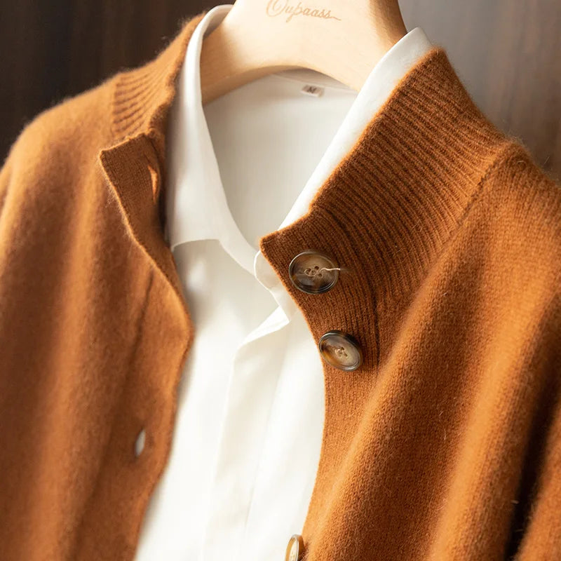 Women's plain button-front cardigan with a mock neck and long sleeves